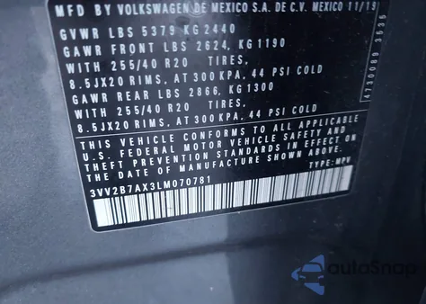 2020 Volkswagen Tiguan 2.0T Se/2.0T Se R-Line Black/2.0T Sel из США, поврежденный, VIN 3VV2B7AX3LM070781